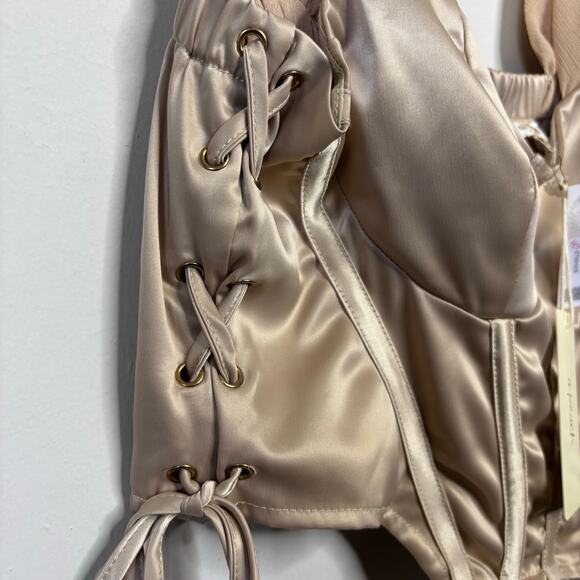 NWT A Peach Off Shoulder Gold Milkmaid Corset Crop Top Women's Size Large - Picture 5 of 8